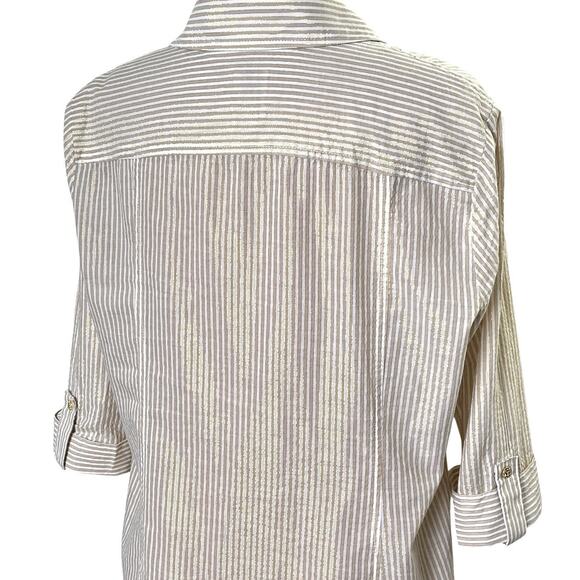 Anne Klein Blouse Size Large Quarter Zip Beige Metallic Gold Stripe Shimmer - Picture 6 of 10